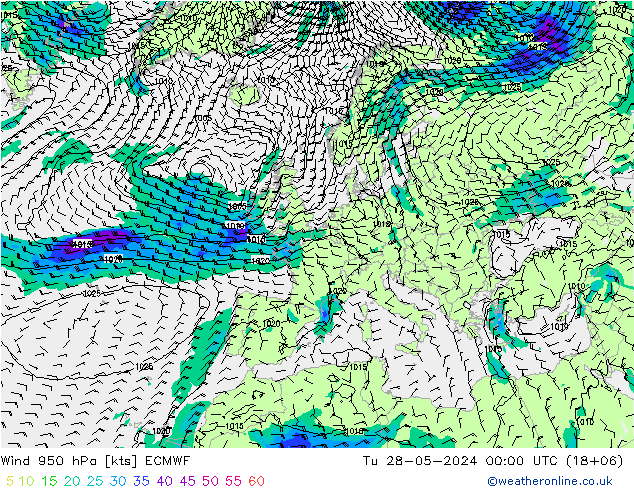 ветер 950 гПа ECMWF вт 28.05.2024 00 UTC