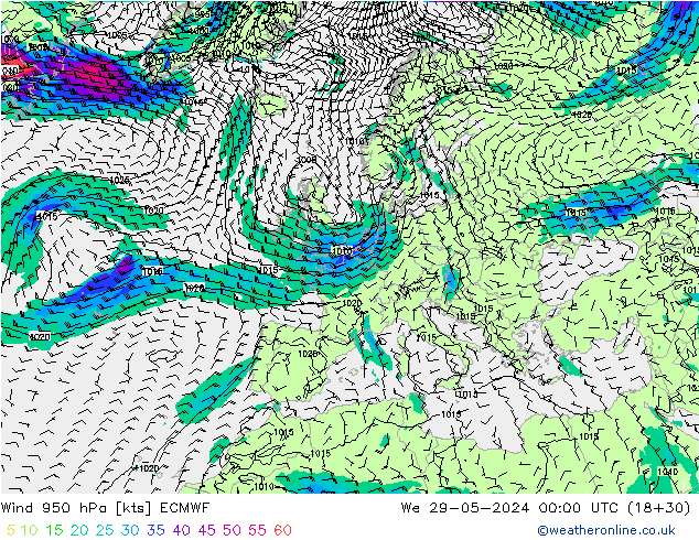 Wind 950 hPa ECMWF We 29.05.2024 00 UTC