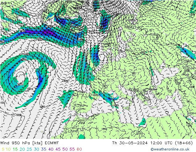 Vento 950 hPa ECMWF gio 30.05.2024 12 UTC