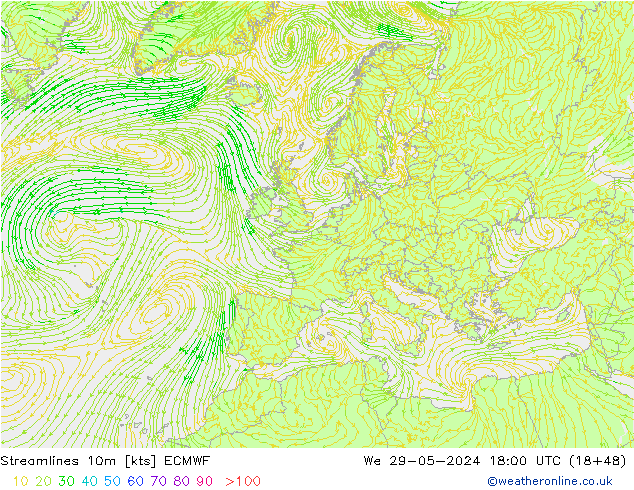 Streamlines 10m ECMWF We 29.05.2024 18 UTC