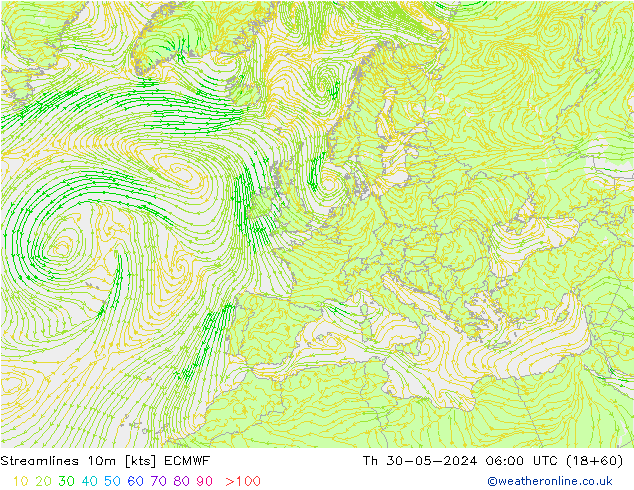 Stroomlijn 10m ECMWF do 30.05.2024 06 UTC