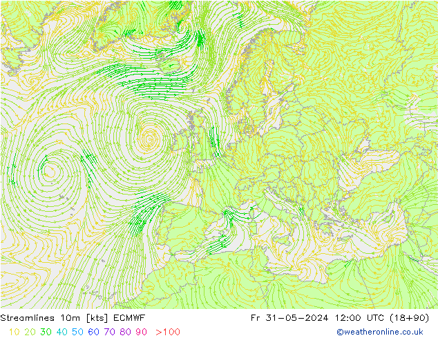 Linia prądu 10m ECMWF pt. 31.05.2024 12 UTC