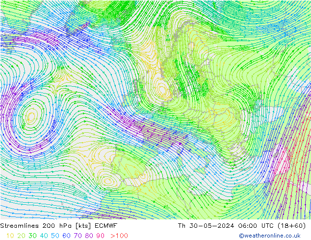 Streamlines 200 hPa ECMWF Th 30.05.2024 06 UTC