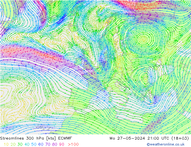 Streamlines 300 hPa ECMWF Mo 27.05.2024 21 UTC