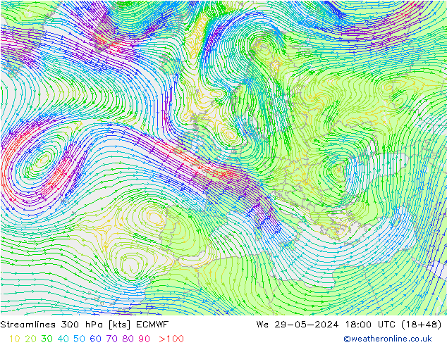 Linia prądu 300 hPa ECMWF śro. 29.05.2024 18 UTC