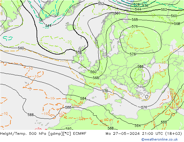 Height/Temp. 500 hPa ECMWF Po 27.05.2024 21 UTC