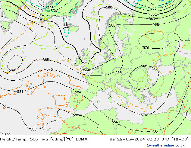 Z500/Rain (+SLP)/Z850 ECMWF mer 29.05.2024 00 UTC