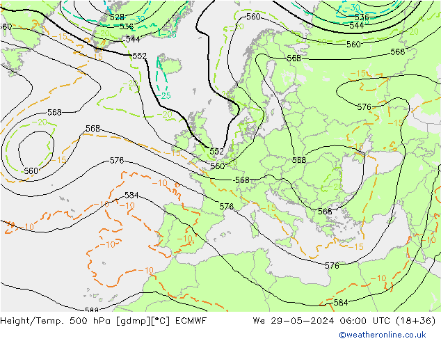 Z500/Rain (+SLP)/Z850 ECMWF mer 29.05.2024 06 UTC