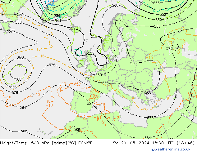 Z500/Rain (+SLP)/Z850 ECMWF mié 29.05.2024 18 UTC