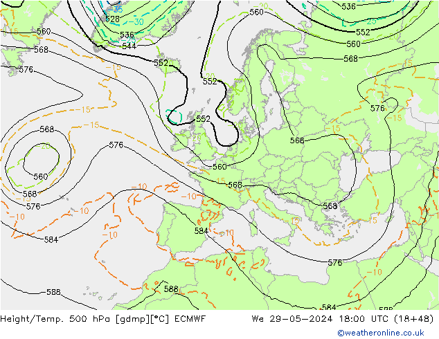 Z500/Rain (+SLP)/Z850 ECMWF We 29.05.2024 18 UTC