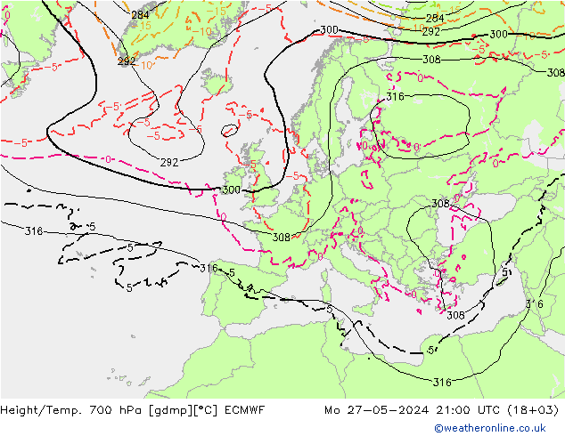 Height/Temp. 700 hPa ECMWF Mo 27.05.2024 21 UTC