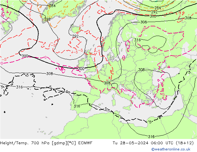 Hoogte/Temp. 700 hPa ECMWF di 28.05.2024 06 UTC