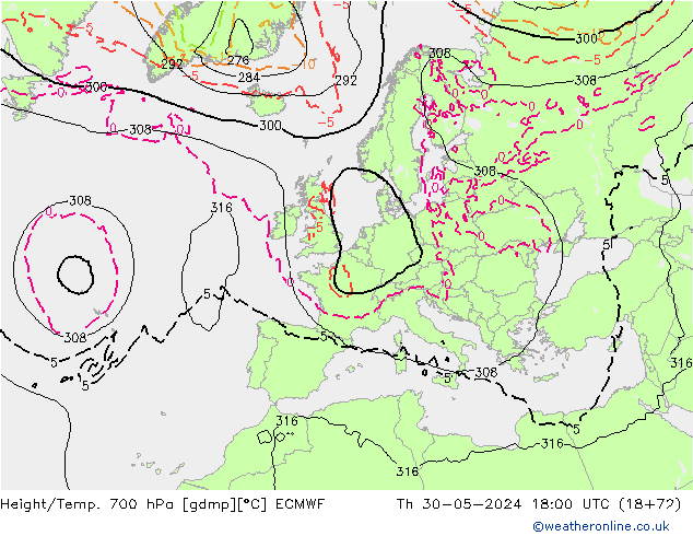 Height/Temp. 700 hPa ECMWF Do 30.05.2024 18 UTC