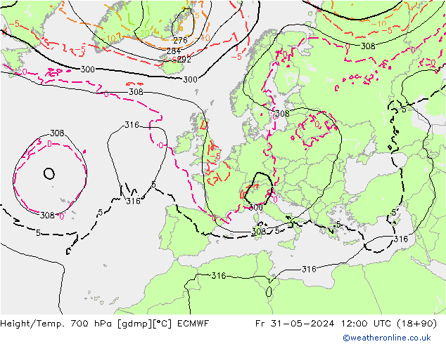 Height/Temp. 700 hPa ECMWF Sex 31.05.2024 12 UTC