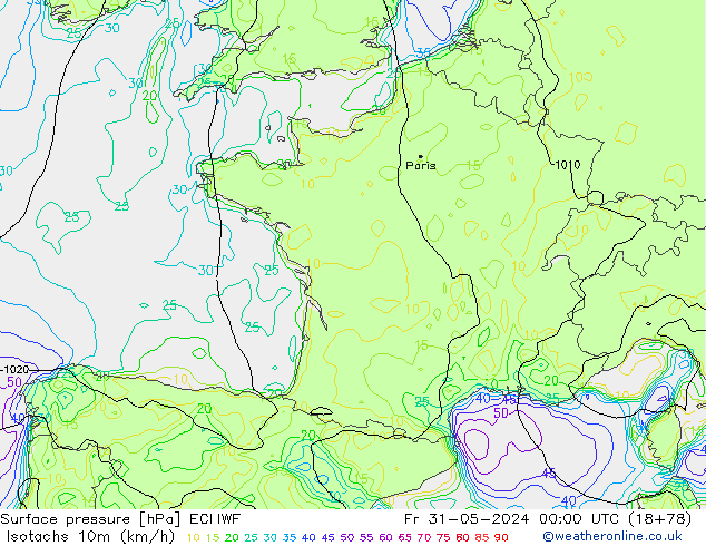 Isotachs (kph) ECMWF ven 31.05.2024 00 UTC