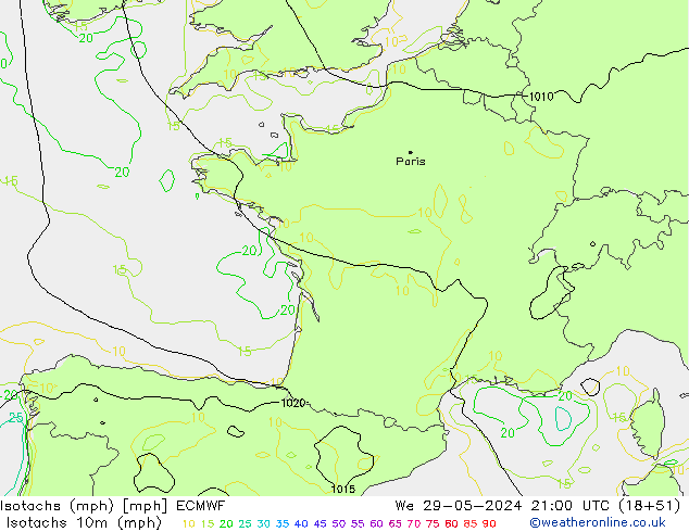 Isotachen (mph) ECMWF wo 29.05.2024 21 UTC