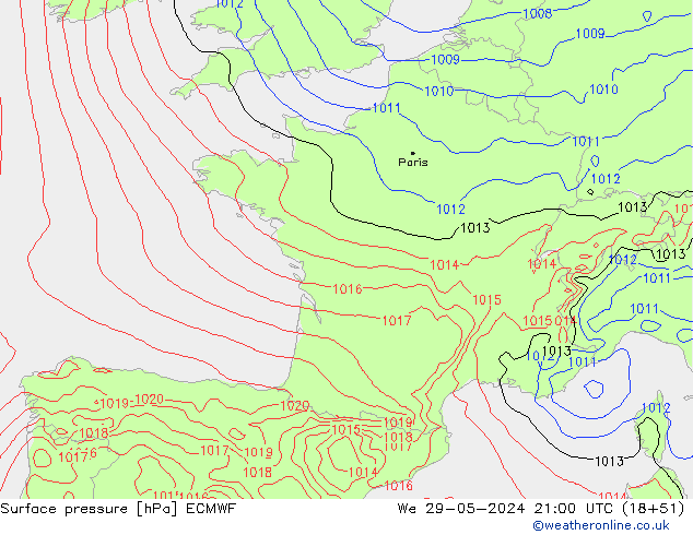 Presión superficial ECMWF mié 29.05.2024 21 UTC