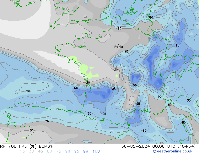 RH 700 hPa ECMWF Qui 30.05.2024 00 UTC