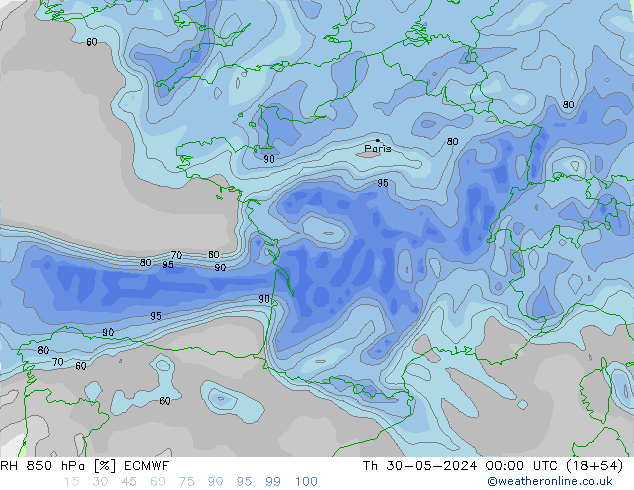 RH 850 hPa ECMWF Qui 30.05.2024 00 UTC