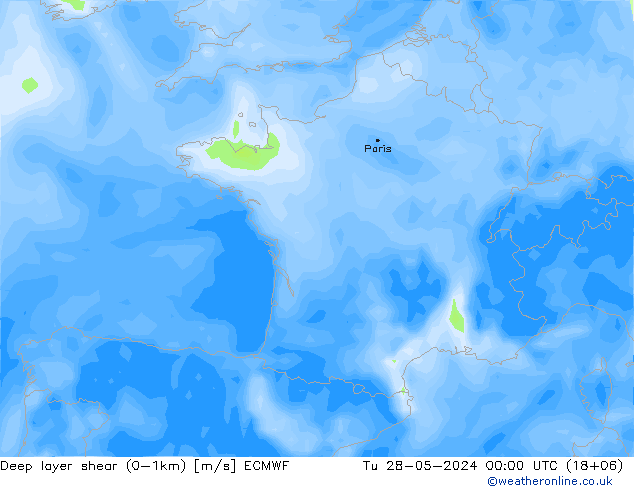 Deep layer shear (0-1km) ECMWF Ter 28.05.2024 00 UTC