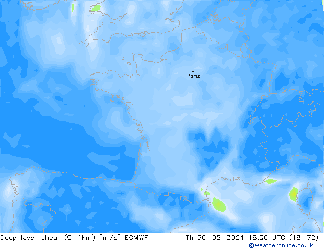 Deep layer shear (0-1km) ECMWF Per 30.05.2024 18 UTC