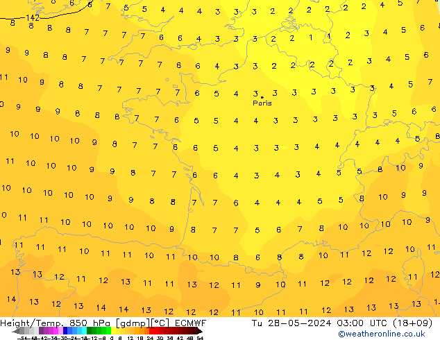 Géop./Temp. 850 hPa ECMWF mar 28.05.2024 03 UTC