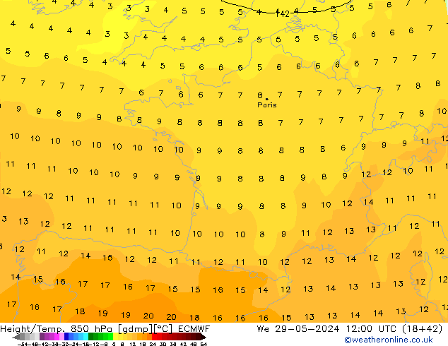 Z500/Rain (+SLP)/Z850 ECMWF Qua 29.05.2024 12 UTC