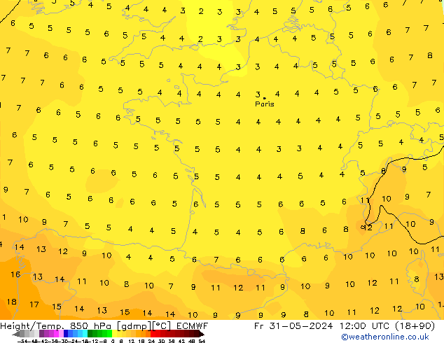 Height/Temp. 850 гПа ECMWF пт 31.05.2024 12 UTC