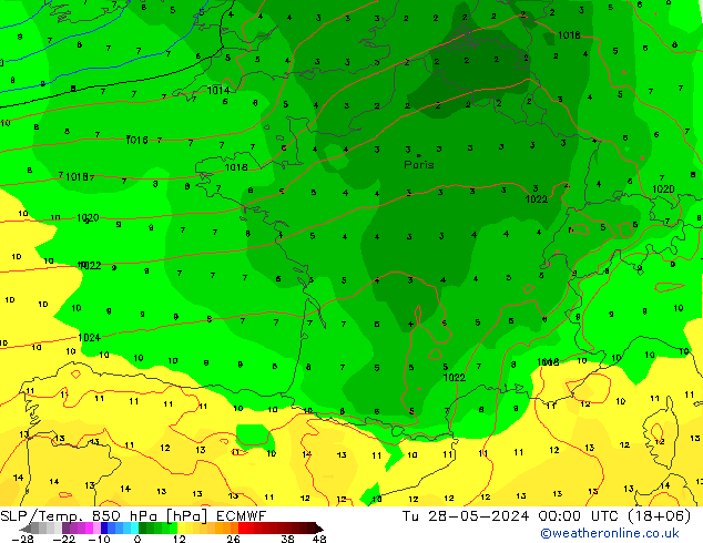 SLP/Temp. 850 hPa ECMWF Tu 28.05.2024 00 UTC