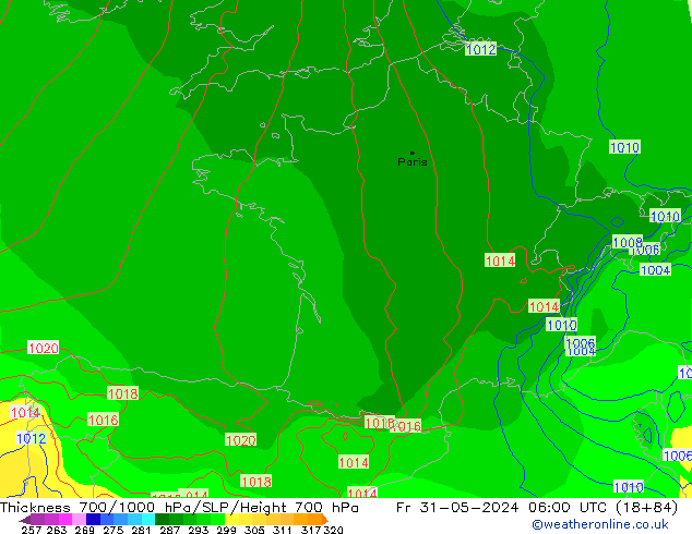 Thck 700-1000 hPa ECMWF Fr 31.05.2024 06 UTC