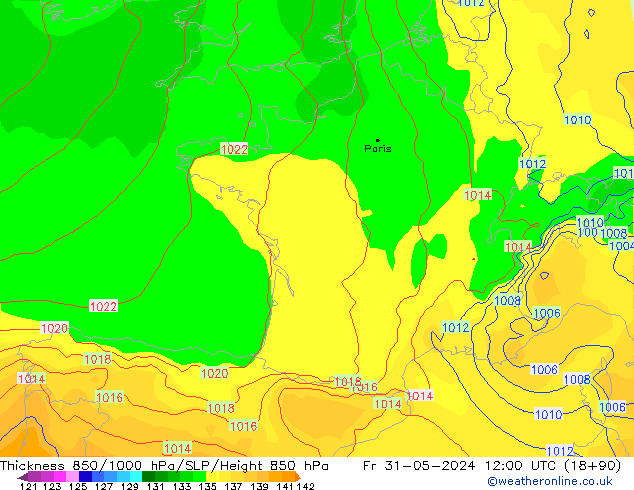 Thck 850-1000 hPa ECMWF Fr 31.05.2024 12 UTC