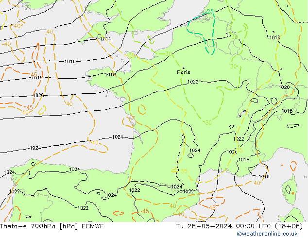 Theta-e 700hPa ECMWF mar 28.05.2024 00 UTC