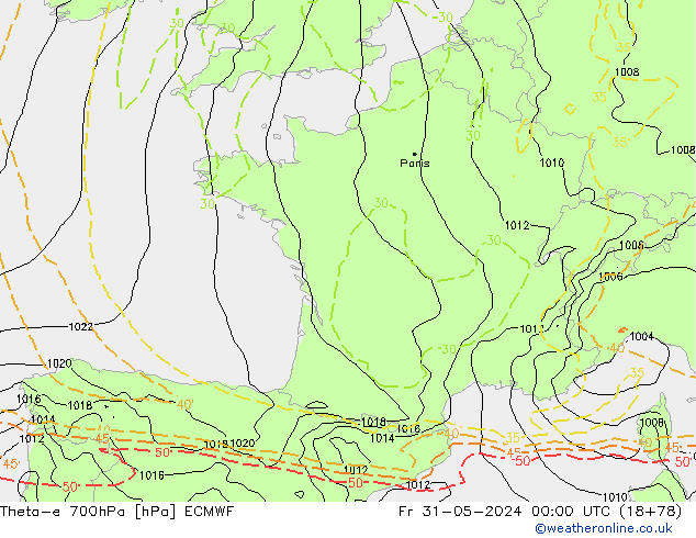 Theta-e 700hPa ECMWF Sex 31.05.2024 00 UTC