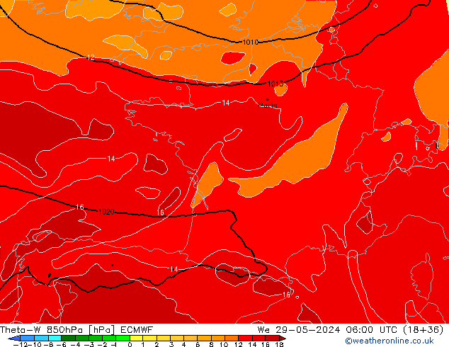 Theta-W 850гПа ECMWF ср 29.05.2024 06 UTC