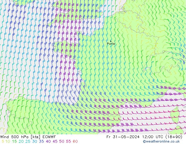 Wind 500 hPa ECMWF Pá 31.05.2024 12 UTC