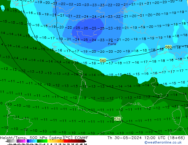 Z500/Rain (+SLP)/Z850 ECMWF czw. 30.05.2024 12 UTC