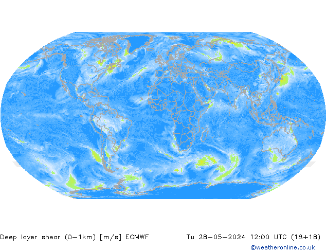 Deep layer shear (0-1km) ECMWF Tu 28.05.2024 12 UTC