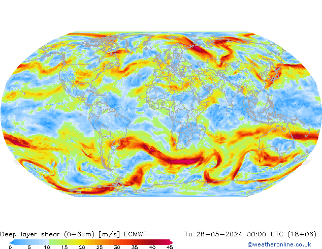 Deep layer shear (0-6km) ECMWF Tu 28.05.2024 00 UTC