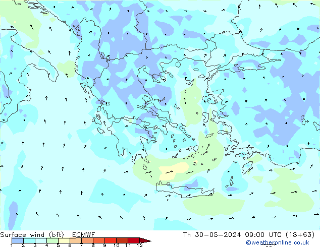 ве�Bе�@ 10 m (bft) ECMWF чт 30.05.2024 09 UTC