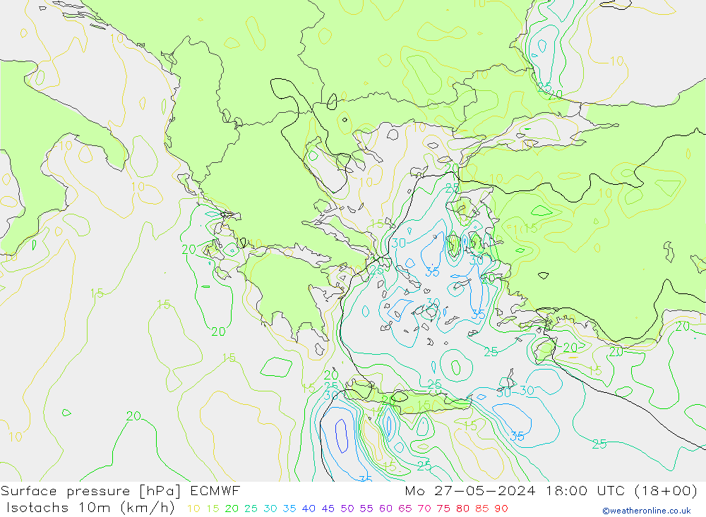 Izotacha (km/godz) ECMWF pon. 27.05.2024 18 UTC