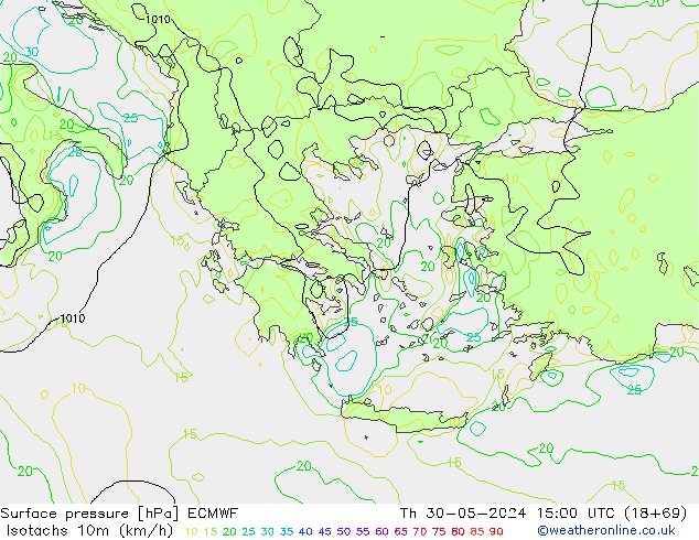 Isotachs (kph) ECMWF Qui 30.05.2024 15 UTC