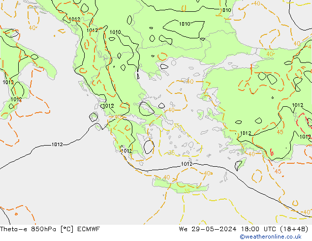 Theta-e 850hPa ECMWF mer 29.05.2024 18 UTC