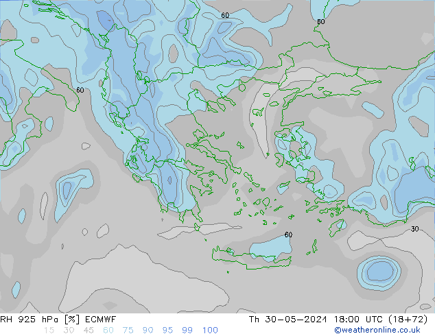 RH 925 hPa ECMWF czw. 30.05.2024 18 UTC