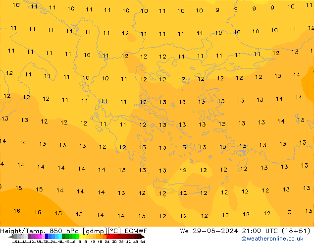 Hoogte/Temp. 850 hPa ECMWF wo 29.05.2024 21 UTC