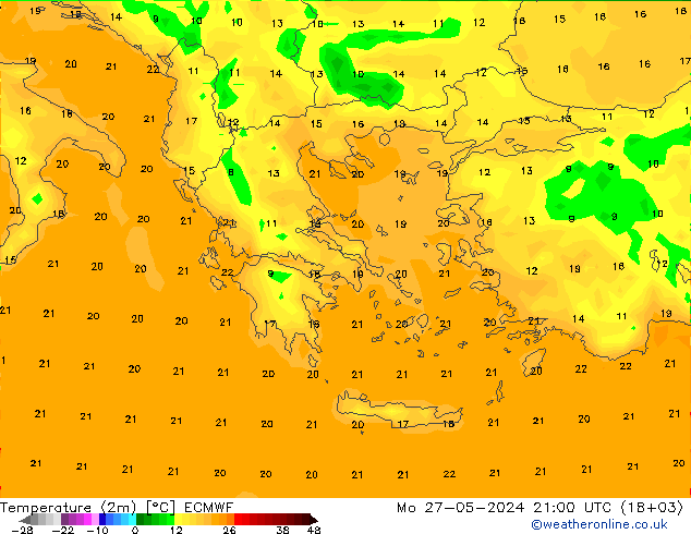 Temperatura (2m) ECMWF lun 27.05.2024 21 UTC