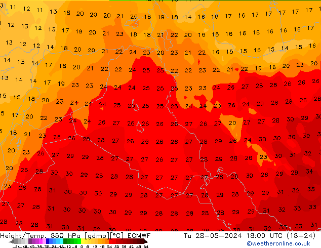 Z500/Rain (+SLP)/Z850 ECMWF вт 28.05.2024 18 UTC