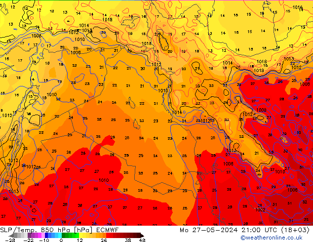 SLP/Temp. 850 hPa ECMWF Mo 27.05.2024 21 UTC