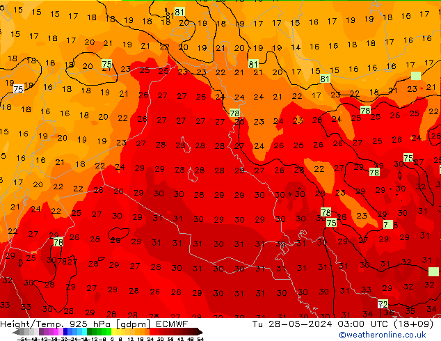 Hoogte/Temp. 925 hPa ECMWF di 28.05.2024 03 UTC