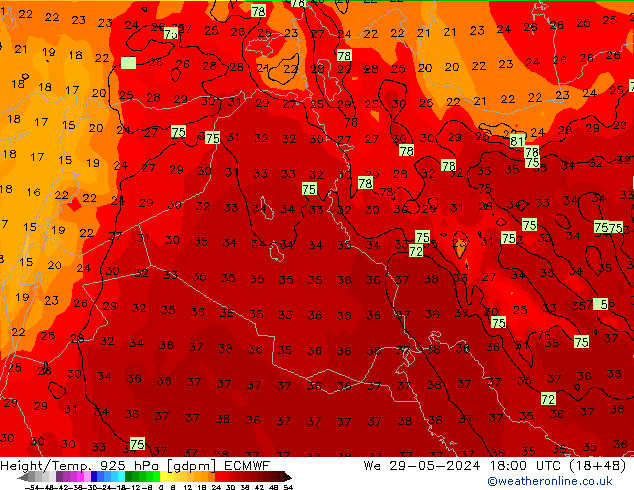 Géop./Temp. 925 hPa ECMWF mer 29.05.2024 18 UTC