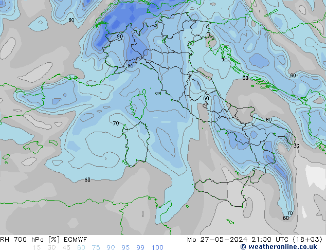 RH 700 hPa ECMWF Mo 27.05.2024 21 UTC